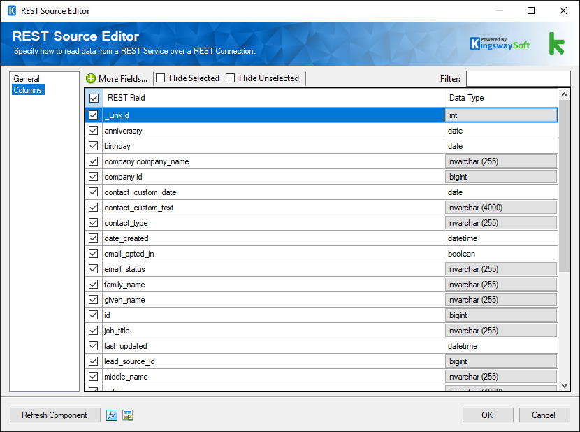 SSIS Infusionsoft REST Source - Columns